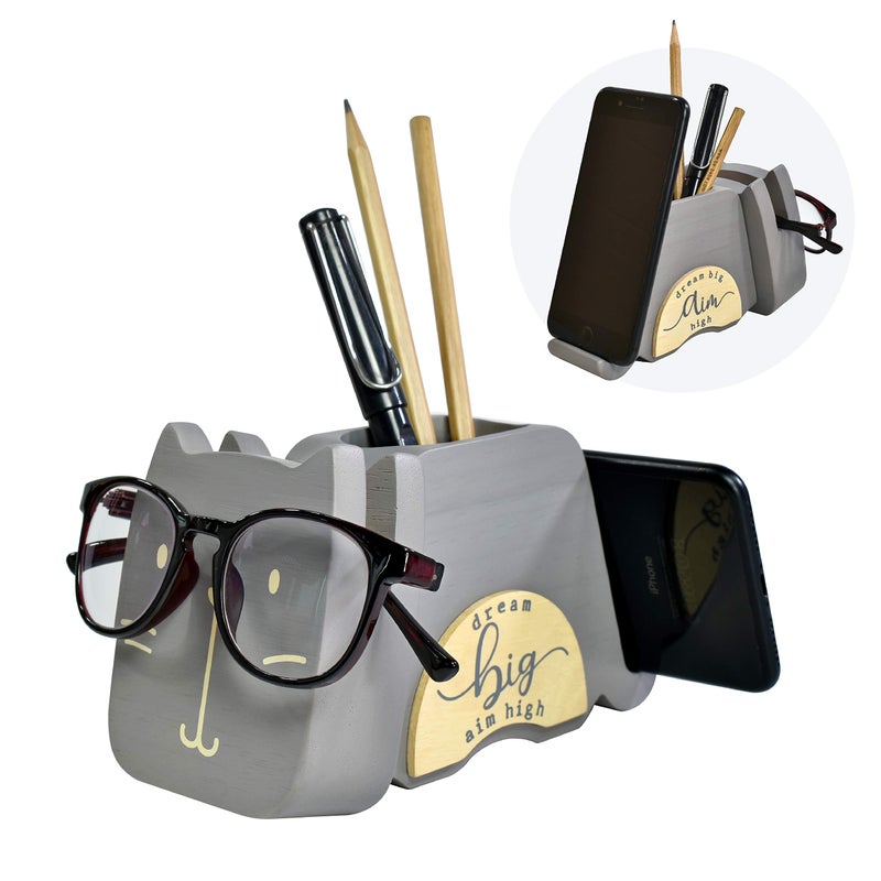 I'm Wood Multipurpose Eyeglass Phone Pen & Pencil Holder Stand Stationery Desk Organizer Accessories, For Home Office Desktop Decor Birthday Graduation Gifts â€œDream Big Aim Highâ€ (Cat) - Image 1